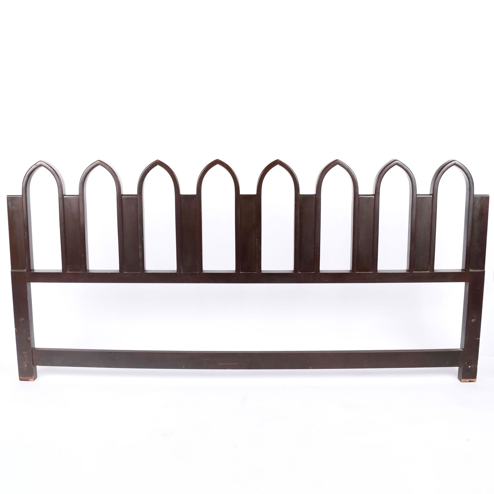 Modern Gothic-Style Headboard: Modern gothic-style headboard with repeating lancet arches. [39" H x 80" W x 2" D]. Lacking frame and footboard, some wear and separation visible.