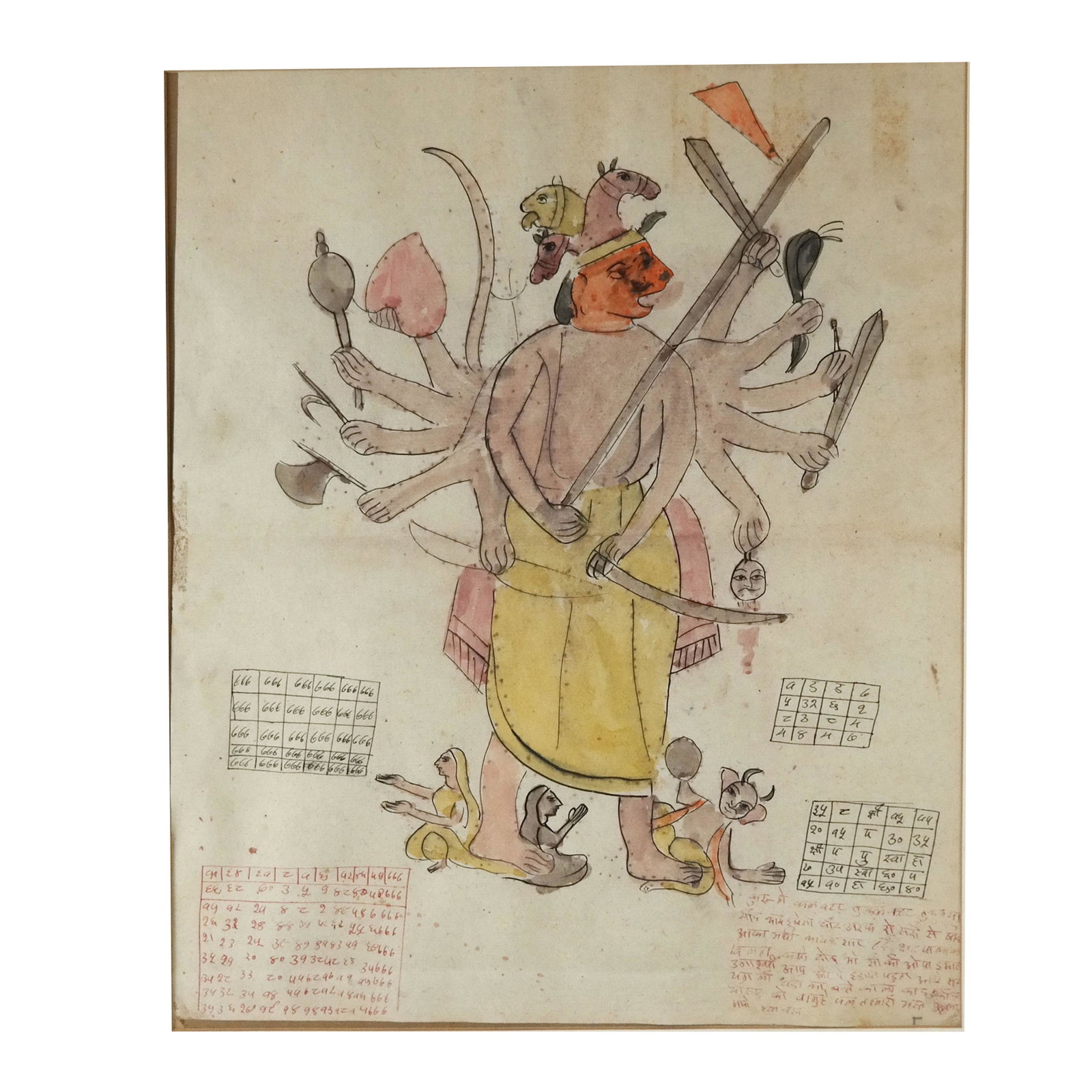 Hindu Deity Painting - Ink & Watercolor on Paper: Ink and watercolor painting on paper of a Hindu deity standing around charts and figures. [Frame: 21" H x 18 1/4" W]. Loose in mat, stains, toning marks, wear to frame.