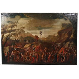 Attrib. to Simone CANTARINI: Moses & Serpent - O/C: Attributed to Simone Cantarini (Italian, 1612-1648) oil on canvas painting depicting the story of Moses and the brass serpent. Accompanied by plaque in Hebrew (see photos). [Art: 38" H x 53" W; Frame: