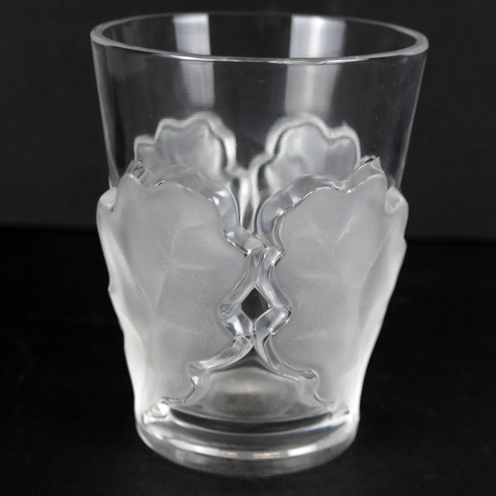 Lalique Crystal Leaf Relief Goblet: Lalique crystal leaf relief goblet. [4 3/4" H x 3 1/2" Diam.]. In good condition.