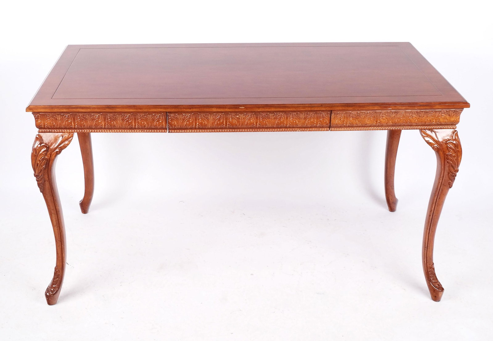 Louis XV-Style Fruitwood Desk: Louis XV-style fruitwood desk with single drawer. [29" H x 54 1/2" W x 28" D - 25 1/2" to drawer base].