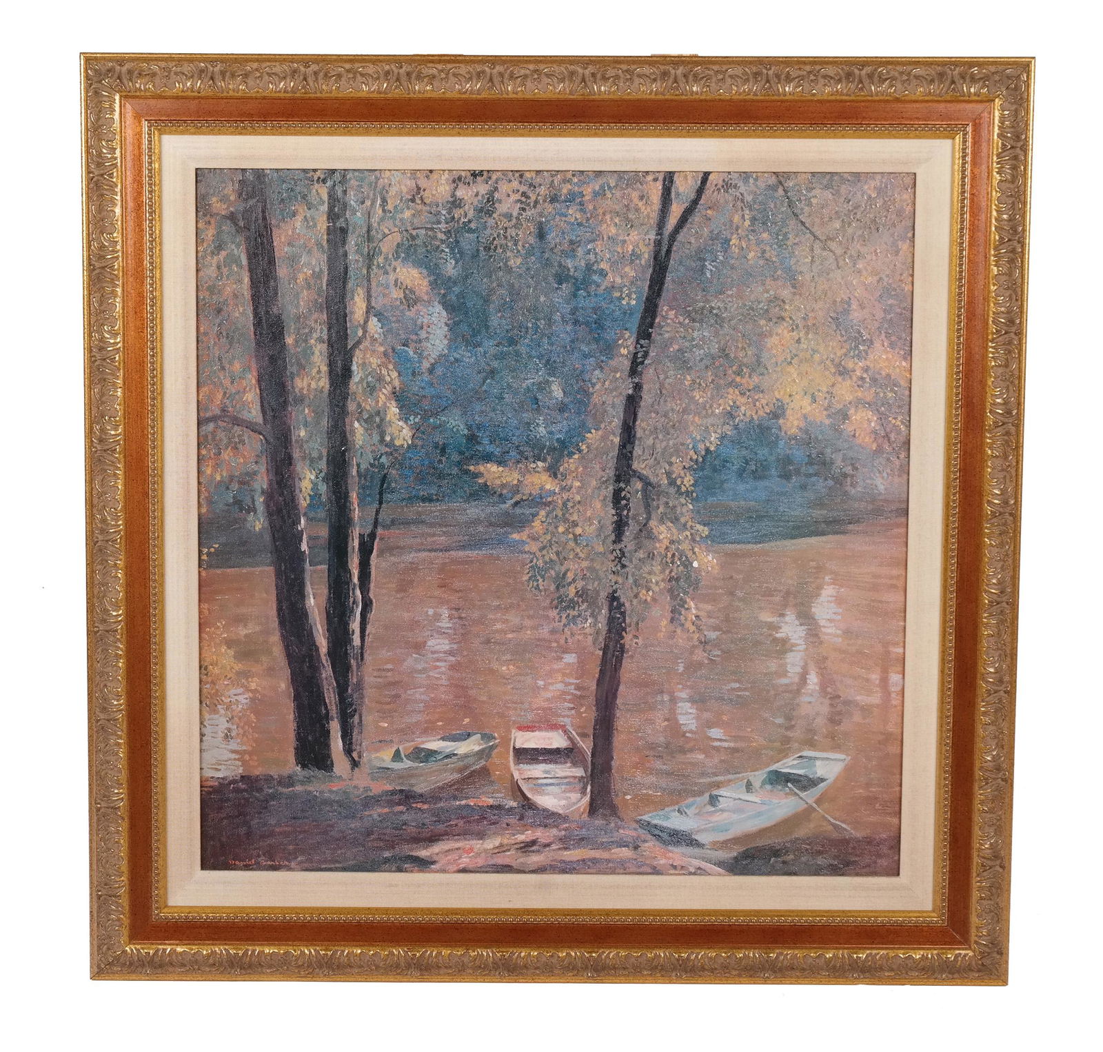 Bayou with Boats - Painting on Board: Painting on board of a bayou with boats, contemporary reproduction after Daniel Garber. [Frame: 30 1/2" H x 30 1/2" W]. Loss near center in tree, wear to frame.