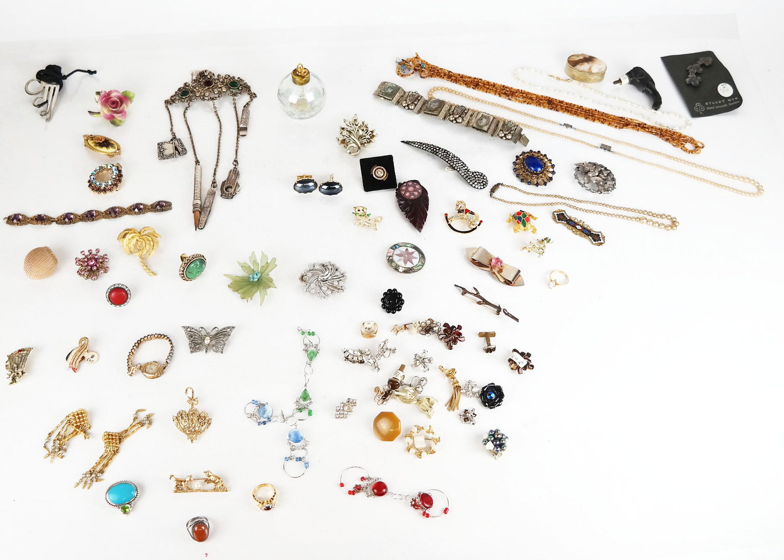 Large Collection of Vintage Costume Jewelry: Large collection of vintage costume jewelry, including a ring, earrings, necklaces, bracelets, charms and other items. All sold as is.