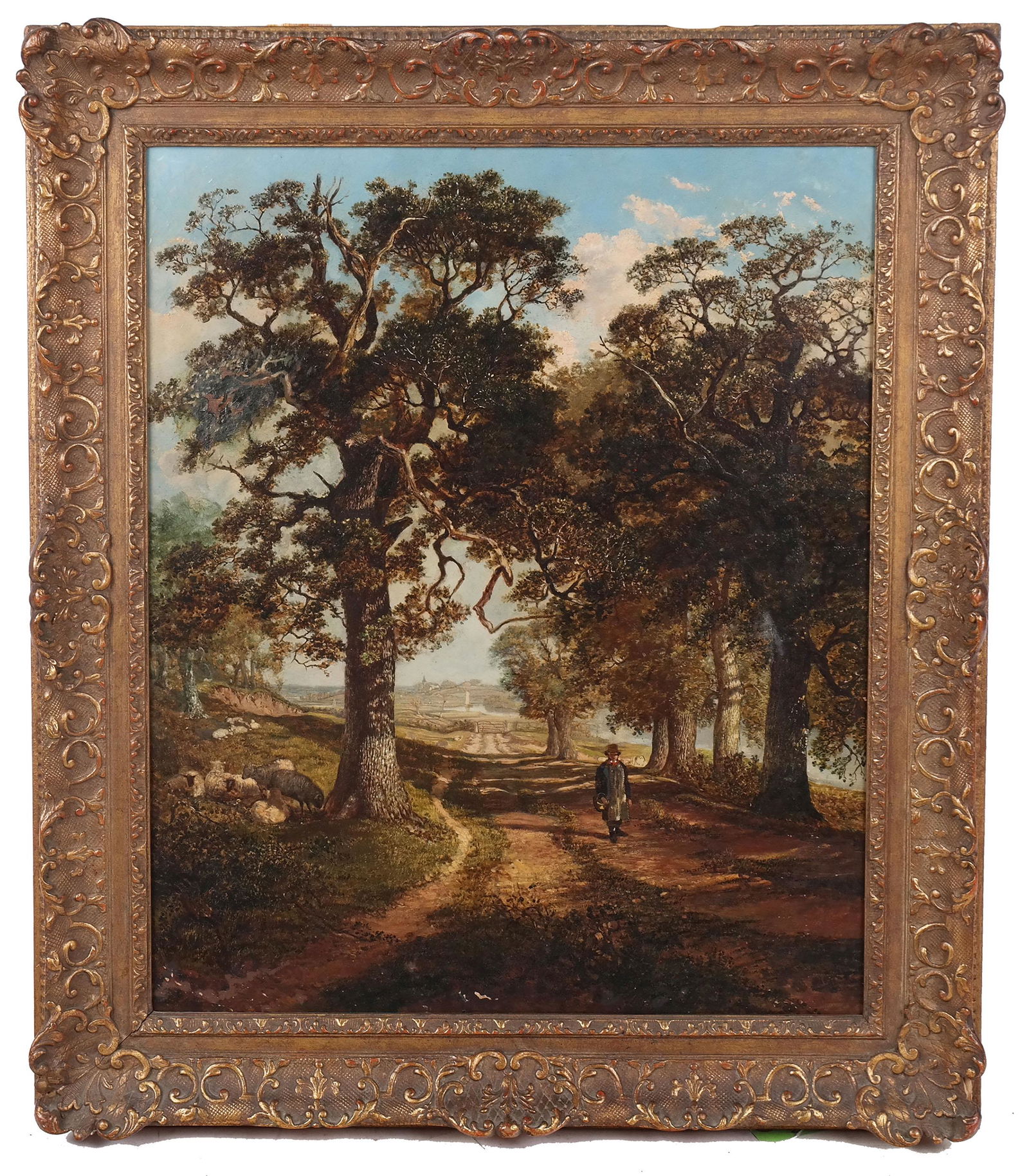Attributed to James STARK: Landscape - O/C: Framed oil on canvas painting depicting a figure in a landscape, attributed to James Stark (English, 1794-1859). Receipt of purchase from Metropolitan Gallery, 1938. [Art: 24" H x 20" W; Frame: 29 1/2
