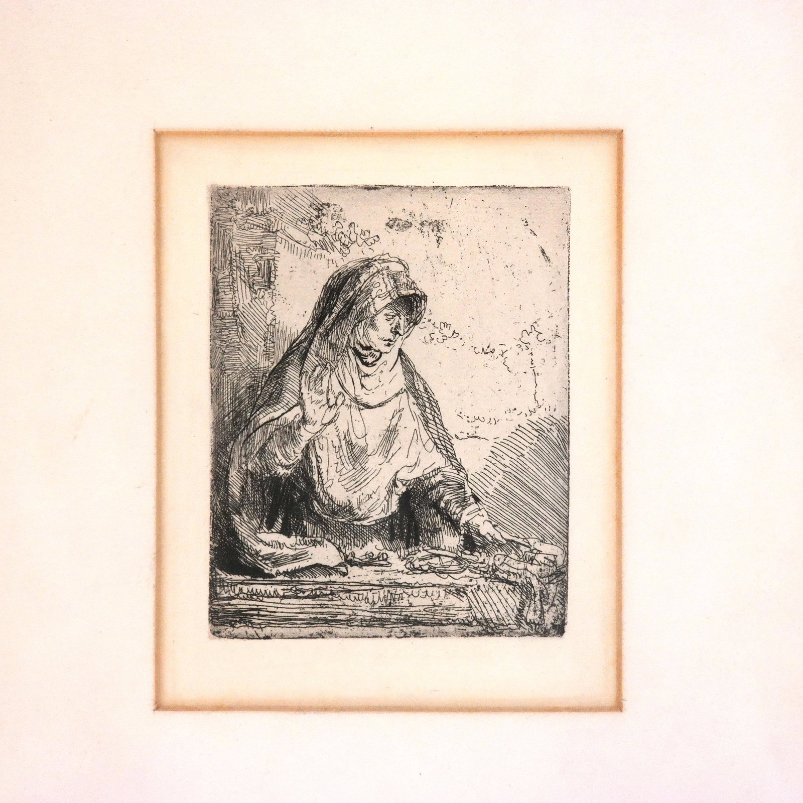 After Rembrandt: "The Virgin..." - Etching: Etching after Rembrandt Harmenszoon van Rijn, "The Virgin with the Instruments of the Passion". [Frame: 4 1/2" H x 13" W x 11 1/2" D]. Age toning.