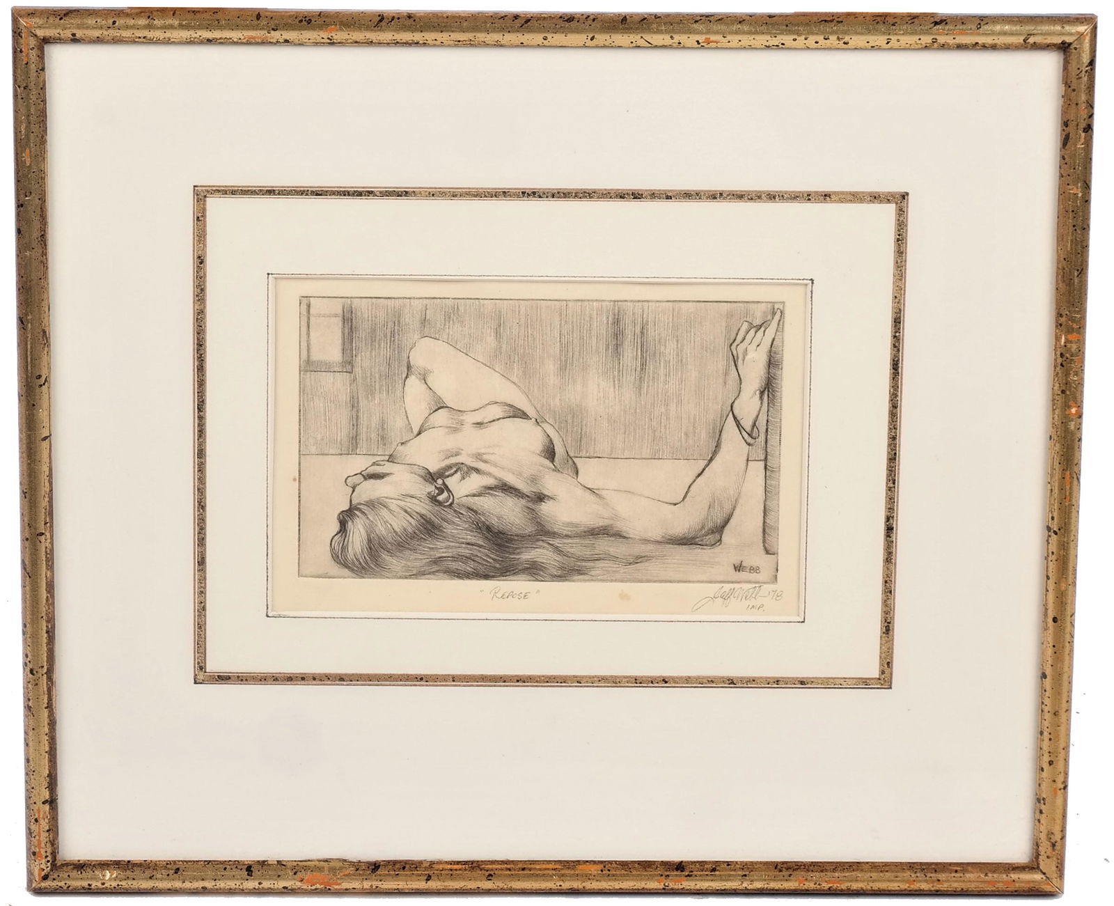 Jeff WEBB: "Repose" - Pen & Ink Drawing: Jeff Webb (American, b. 1952) reclining nude pen and ink drawing titled "Repose", signed, titled, and dated, 1978. From the Collection of Jeffrey M. Kaplan. [Sight: 3 1/2" H x 6" W; Frame: 11 1/4" H x