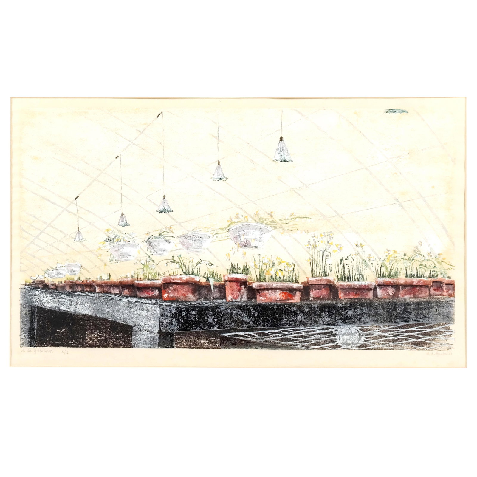 W.B. HAUSEN: "En Ric Greenhouse" - Lithograph: Color lithograph of a greenhouse large table with plants and hanging lights, signed lower right "W.B. Hausen", titled "En Ric Greenhouse", and numbered 2/15. [Art: 12" H x 20" W; Frame: 21" H x 31" W]