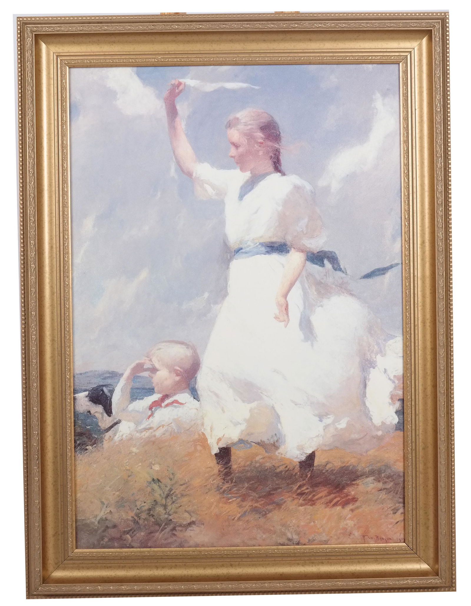 After Frank W. BENSON: "The Hilltop": Reproduction on canvas after Frank Weston Benson (American, 1862-1951) titled "The Hilltop" depicting children and dog keeping watch. [Art: 29 1/2" H x 20" W; Frame: 35 1/2" H x 26 1/2" W]. Wear to fr