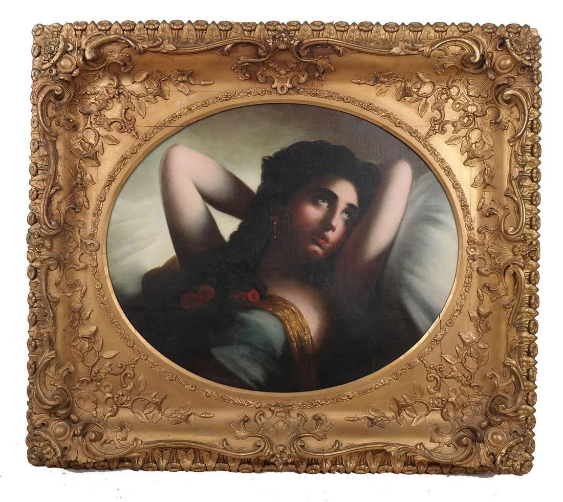 Johann August RIEDEL: "Reverie" - Oil on Canvas: Oil on canvas painting by Johann August Riedel (German, 1799-1883) titled "Reverie" depicting an oval portrait of a lady reclined, signature not found. [Art: 23" H x 28" W; Frame: 36 1/2" H x 42" W]. 