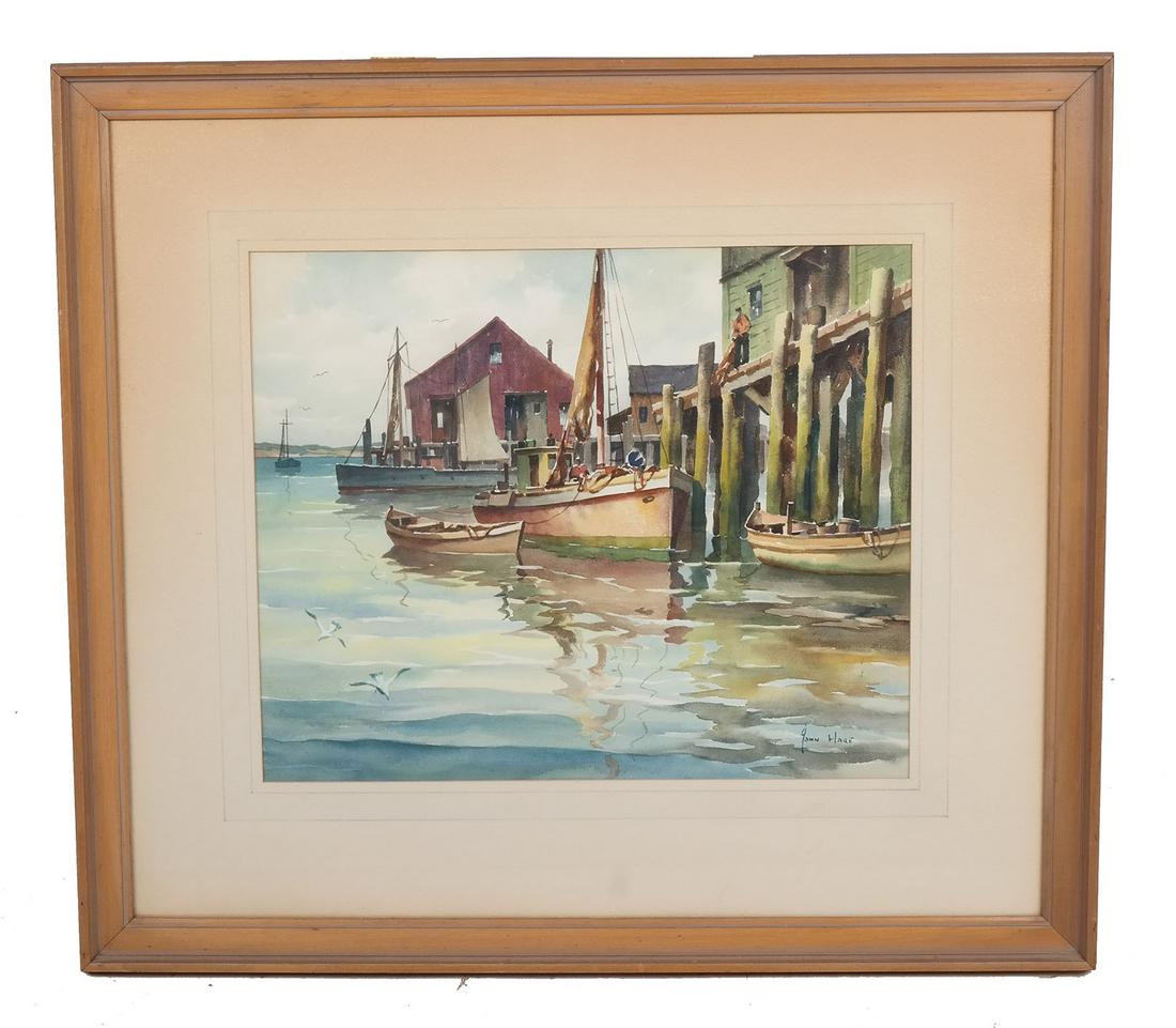 John C. HARE: Harbor Scene - Watercolor: John Cuthbert Hare (American, 1908-1978) fine watercolor of a harbor scene, signed lower right, with Munson Gallery label to reverse. [Art: 14" H x 17" W; Frame: 24" H x 27" W]. Mat discolored but wat