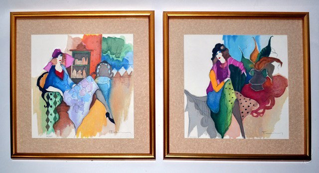 Itzchak Tarkay, Pair of Signed Serigraphs : Pair of serigraphs signed "Tarkay", in pencil at bottom right. Comprises "Charmaine" 334/350, and "Emmaline Waits" 99/350. Both images: 12" x 12.25". Both frames: 17" x 17". Each bear certificate of a