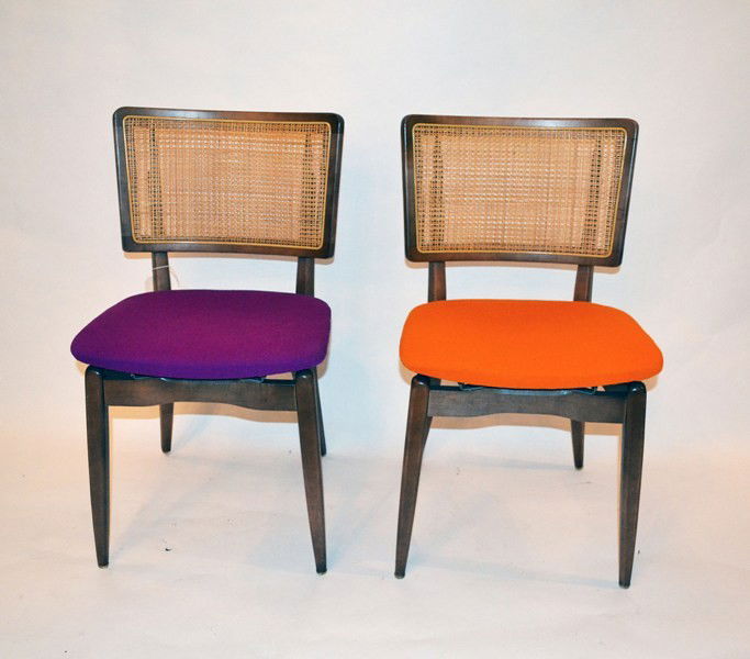 Pair of Modern Folding Chairs: Pair of folding mid-century modern side chairs with caned backs. Manufactured by Stakmore, Owego, NY. 18" W x 18.25" D x 31" H (18" H to seat).