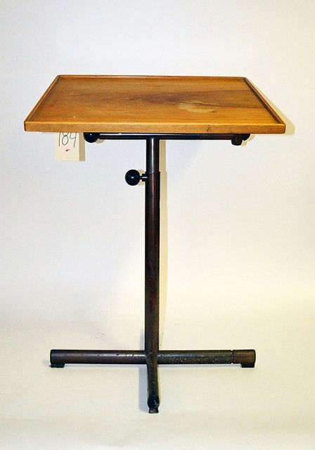 Embru Werkes Cubist Center Table: Adjustable two tier center table designed by Francois Caruelle in 1936, having a black painted metal X base. Bears Embru Brevet label. Good condition. 26.5" H x 20.25" L x 16.25" D (top tier).