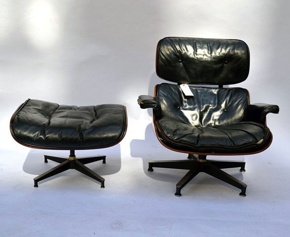 Charles Eames, for Herman Miller, Chair & Ottoman: Iconic mid-century modern Charles Eames lounge chair and ottoman. Manufactured by Herman Miller. Leather has tears and wear consistent with age. Shell is in excellent condition. Chair: 33.25" W x 30"