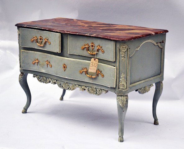 Antique Italian Commode: Antique painted and decorated serpentine three drawer commode, having a faux decorated top supported by hoof form feet. Good condition; wear with age. 51" L x 25.5" D x 25" H.