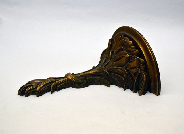 Pair of Gilt-Finish "Leafy" Wall Brackets: Pair of gilt-finish composition and wood wall brackets. Each 11.5" W x 5" D x 12.5" H.