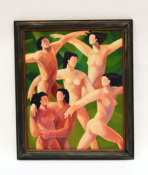 Oil on Canvas: Cubist Style Nude Dancers: Oil on canvas, cubist style nude dancers. Signed lower right "Yayna '96". Good condition. Art: 22" x 27", Frame: 26" x 31".