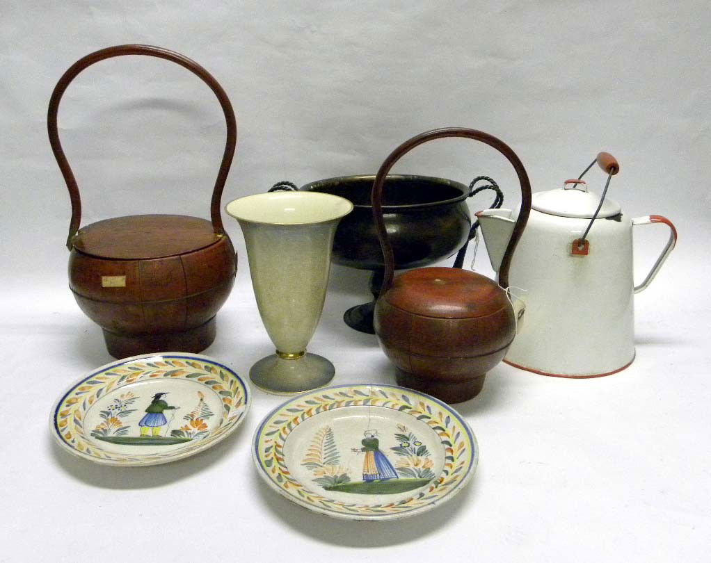 Eleven Assorted Table Articles: A group of eleven assorted table articles including a white enameled tea kettle, a copper hammered urn, two cinnabar vessels, two Delft plates, and assorted wooden feet.