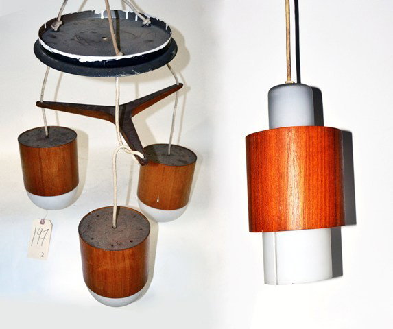 Danish Lighting (Two Pieces): Danish three light ceiling fixture, together with a Danish lantern. Good condition.