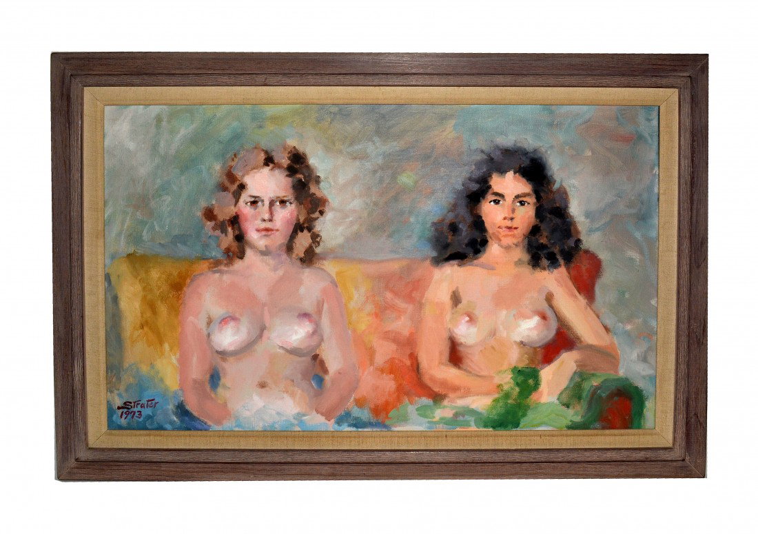 Henry Strater, Oil on Canvas, 1973: Framed oil on canvas, two nude girls, titled: "The Class of '76." Signed lower left, Strater, 1973. 29" x 17".