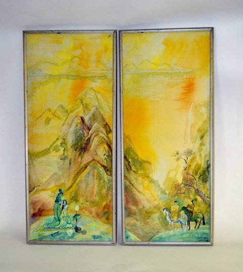 Lev Meshberg Diptych, American: Two framed oil on canvas, a diptych, of Japanese people in a mountain landscape, signed Lev Meshberg, 34 lower right. Good condition. 50" x 20". (Teacher of John Currin.)