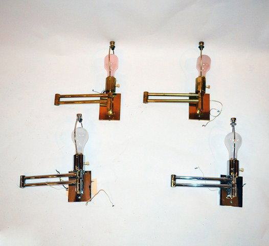 Hansen Lamps, New York, Four Sconces: Two pair of adjustable sconces by Hansen Lamps, New York. One pair chrome, the other gilt brass. 10.5" to 20.5" (extended). Good condition.