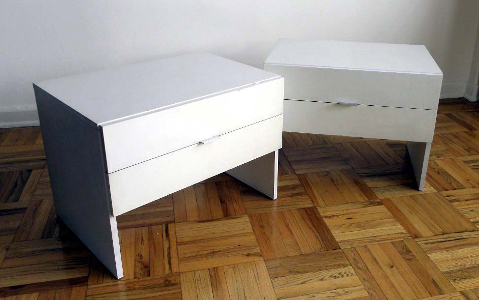 Pair of Modern Nightstands: White lacquered two drawer stands, some losses. 23" x 16.5" x 17.25"