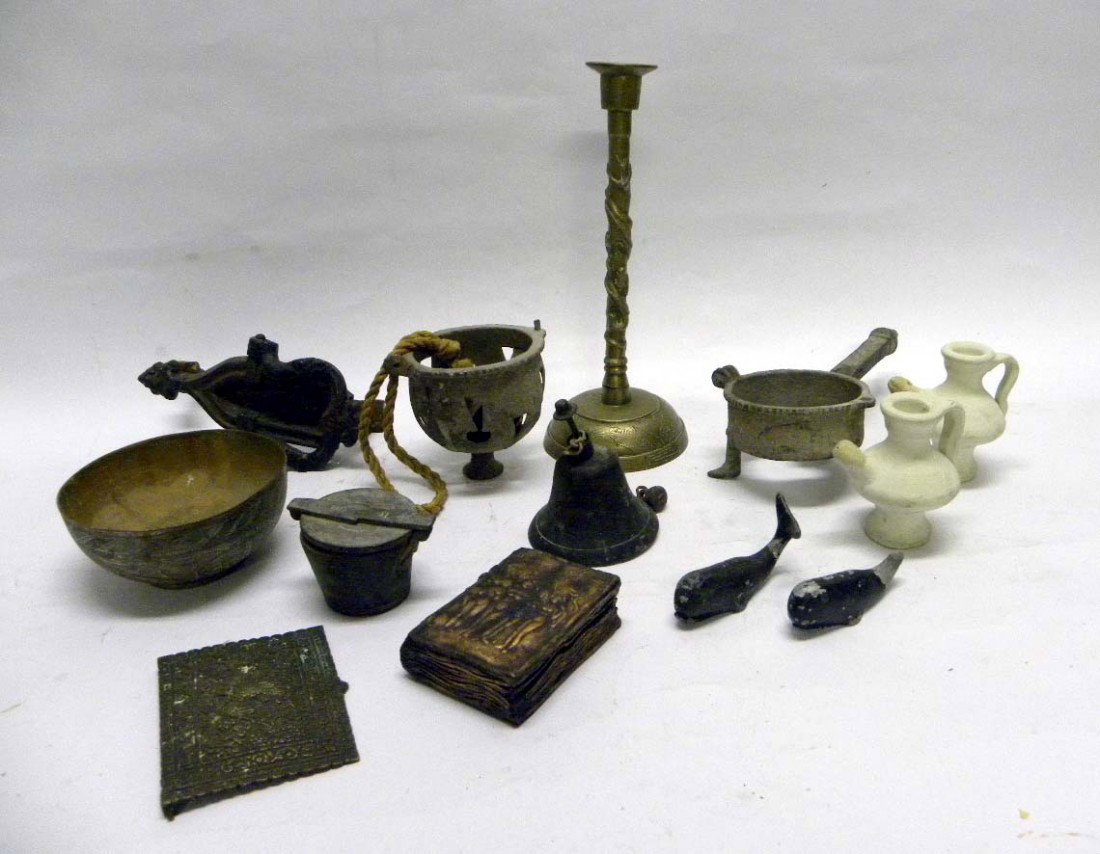Lot of Bronze: Including door knocks, several early vessels, a pair of urns, a pair of whales, dore bronze candlestick, etc.