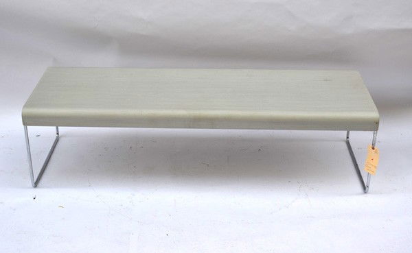 Cassina Steel Table: Steel and chrome cocktail table. 55.25" L x 19.75" D x 14.75" H.