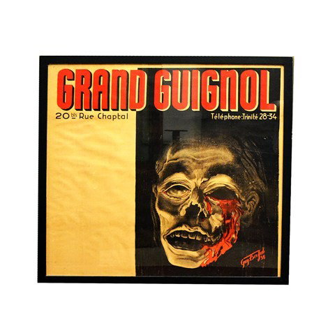 House of Horrors French Advertising Poster : French advertising poster for "Grand Guignol" signed in plate, "Guy Ber Jal '38". Depicts a gruesome half-skeletal face.
