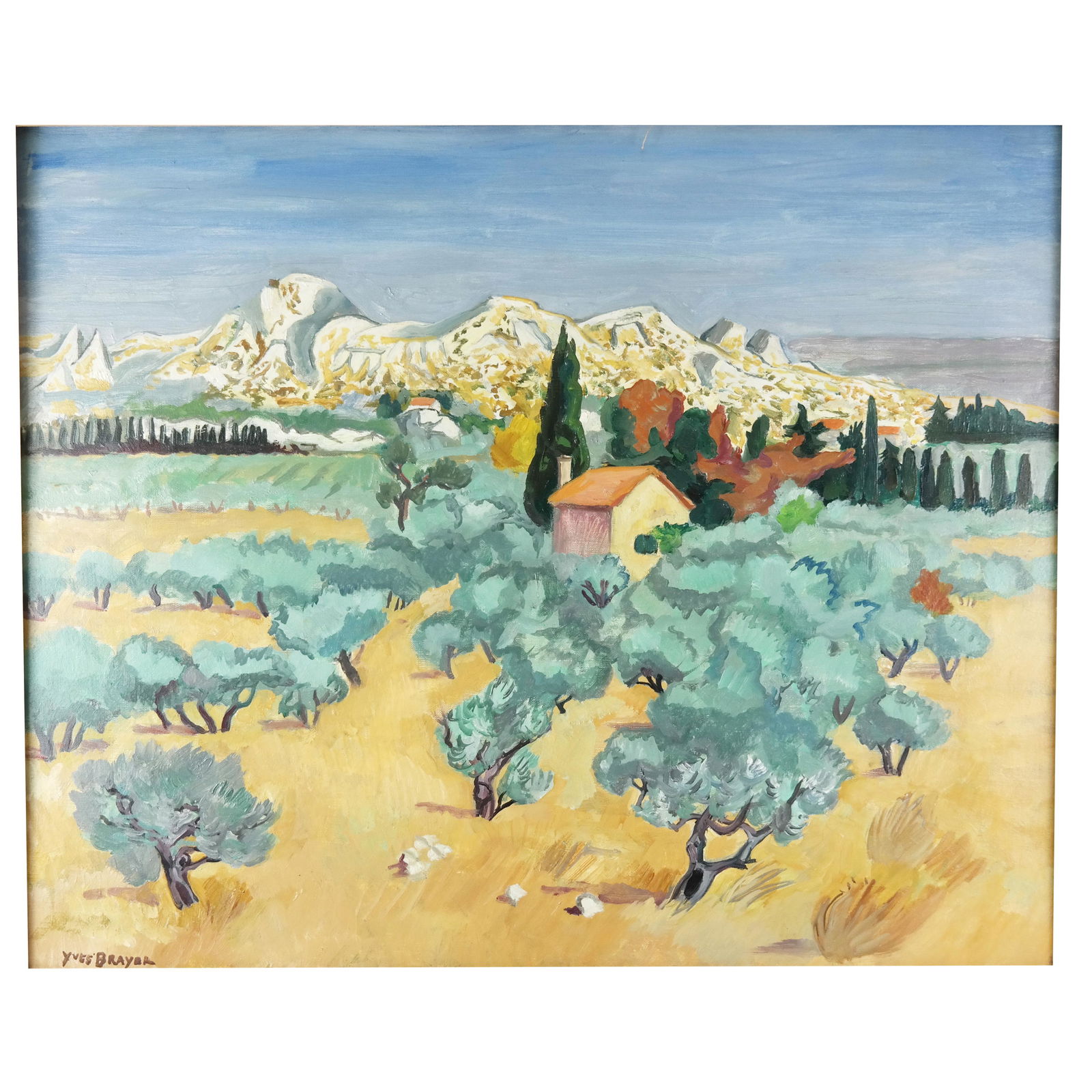 Yves BRAYER: "Le Cabanon Dans..." - Oil on Canvas: Yves Brayer (French, 1907-1990) oil on canvas landscape painting of a house with trees and hills titled "Le Cabanon Dans Les Ouviers", signed lower left with label to verso. [Art: 21 1/2" H x 26" W; F