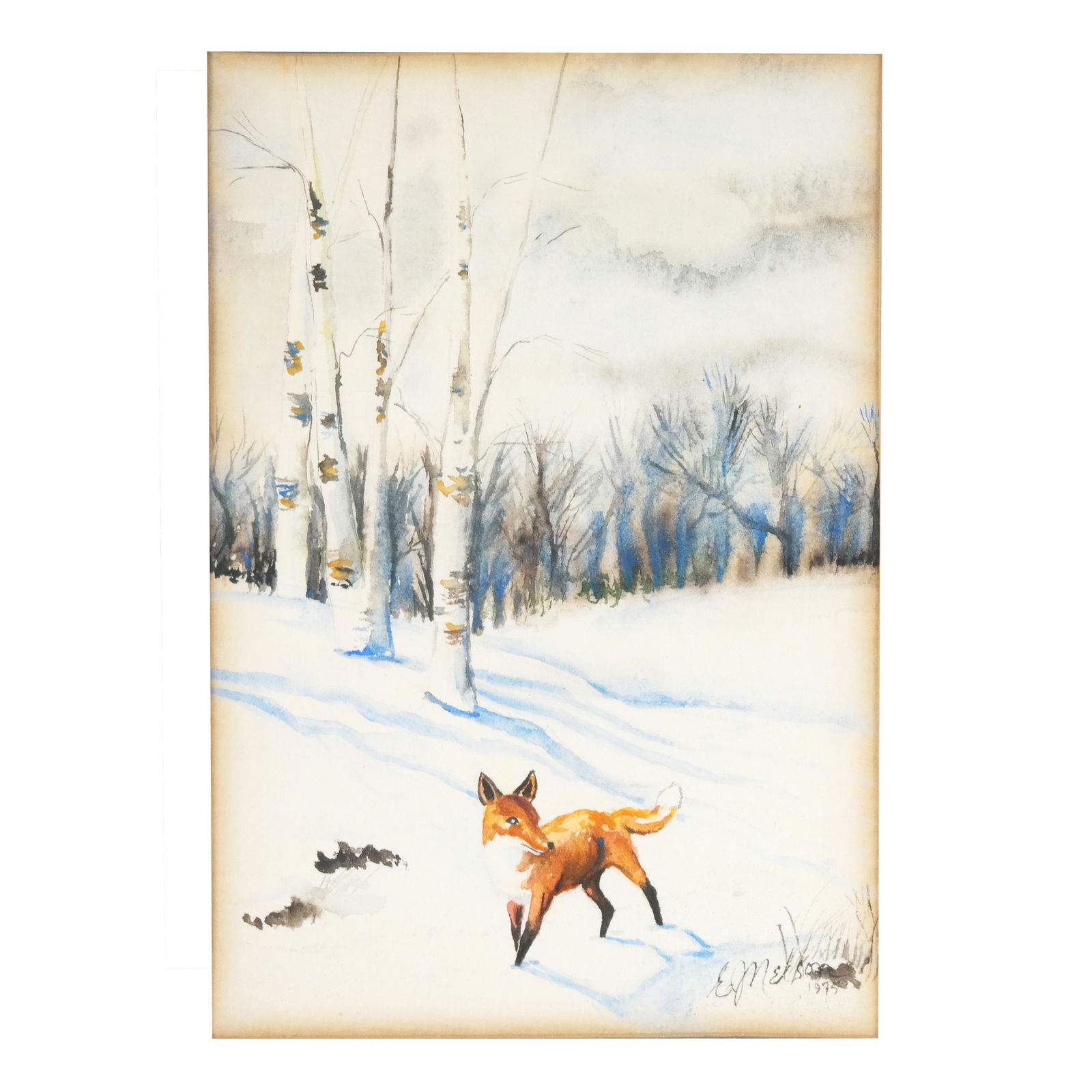 E.J. NELSON: Fox in Winter Landscape - Watercolor (1 of 7)
