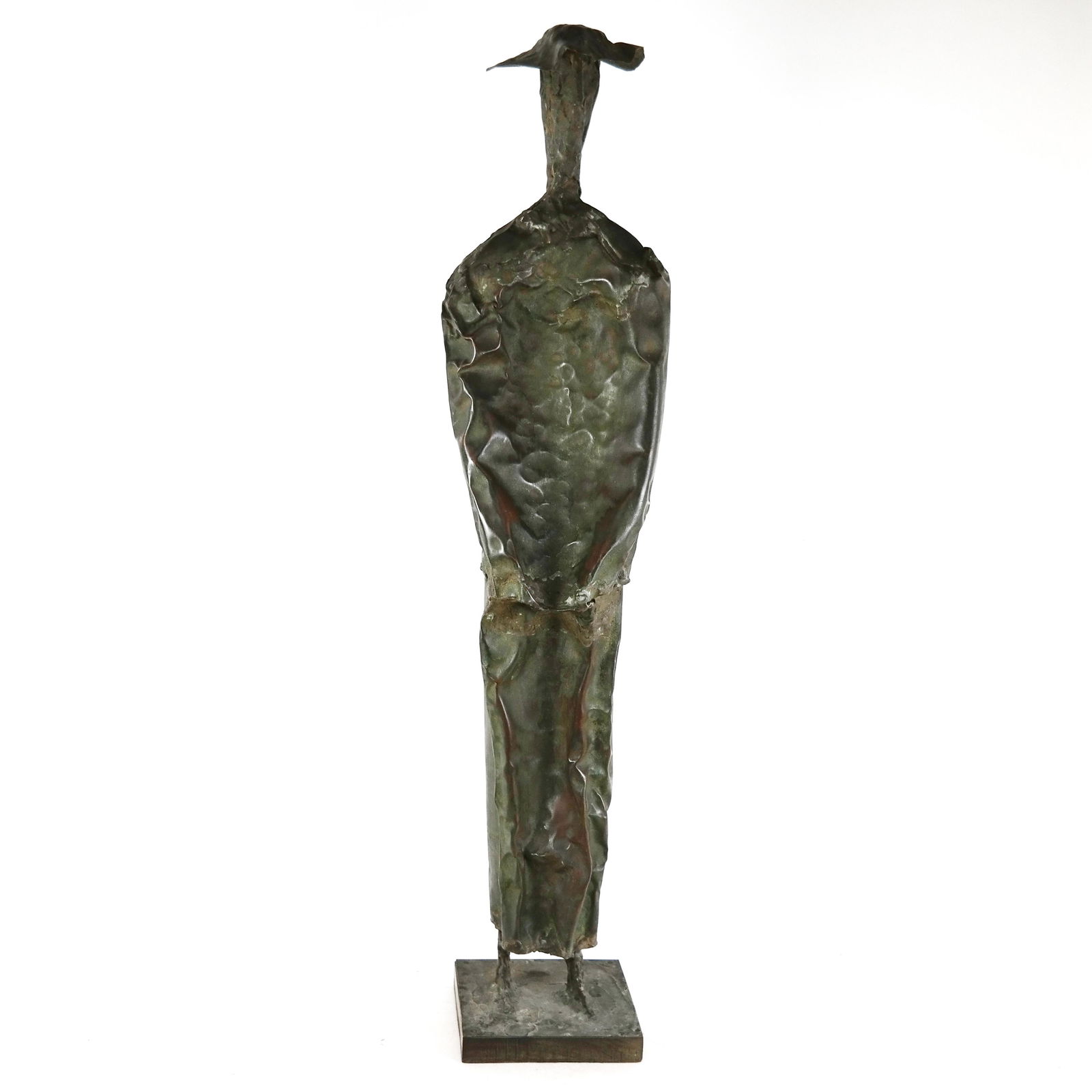 KELLER (?): Bronze Metal Clad Sculpture of a Man: Bronze metal clad sculpture of a man in a long coat with a wide brim hat on stand, signed to square base "Keller" (?). [37" H]. Light in weight.