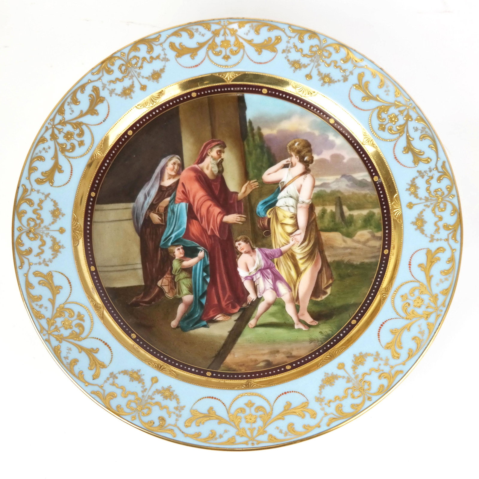 Royal Vienna Painted Porcelain Charger: Royal Vienna painted porcelain charger, the plate with scrolling gilt accented blue border around the center with painted allegorical scene, signature obscured, the base with blue beehive/shield mark.