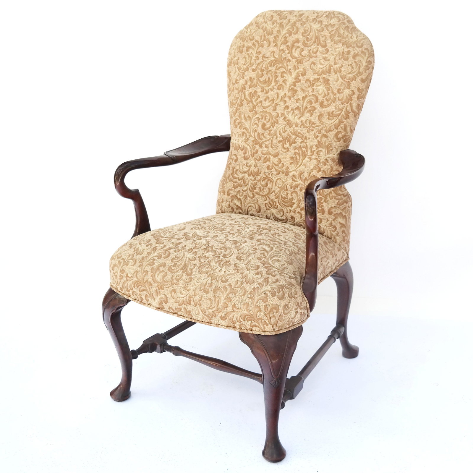 Queen Anne-Style Mahogany Armchair: Late 20th century Queen Anne-style mahogany armchair with upholstered back and seat. In good condition, some small scratches to finish. Located @ 150 Pratt oval
