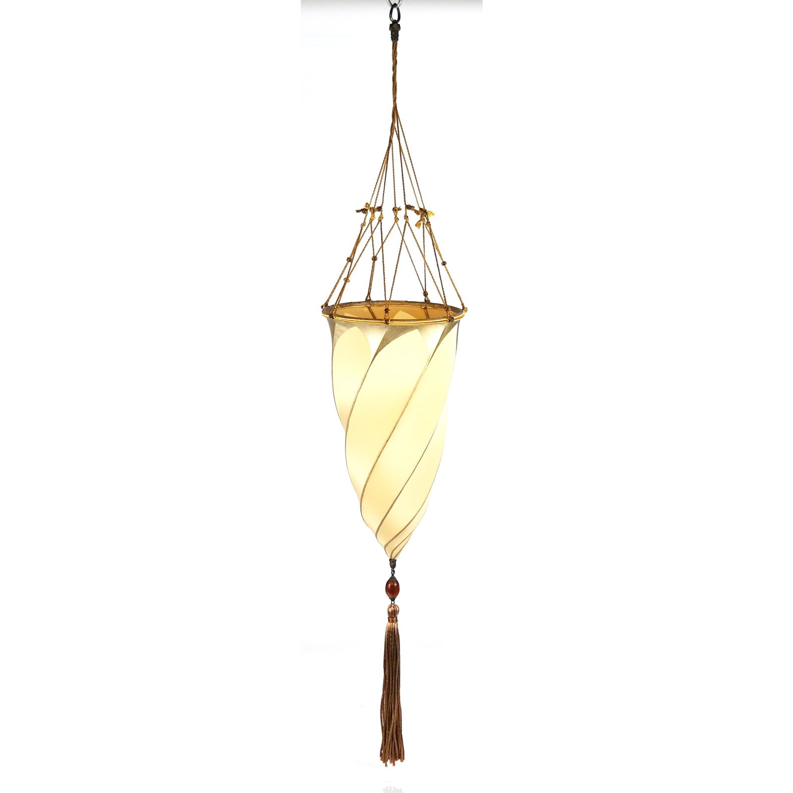 Fortuny Silk Pendant Sconce: Fortuny silk pendant sconce having a simple design swirl with long tassel, signed Venetia Stadium. [32" H total].