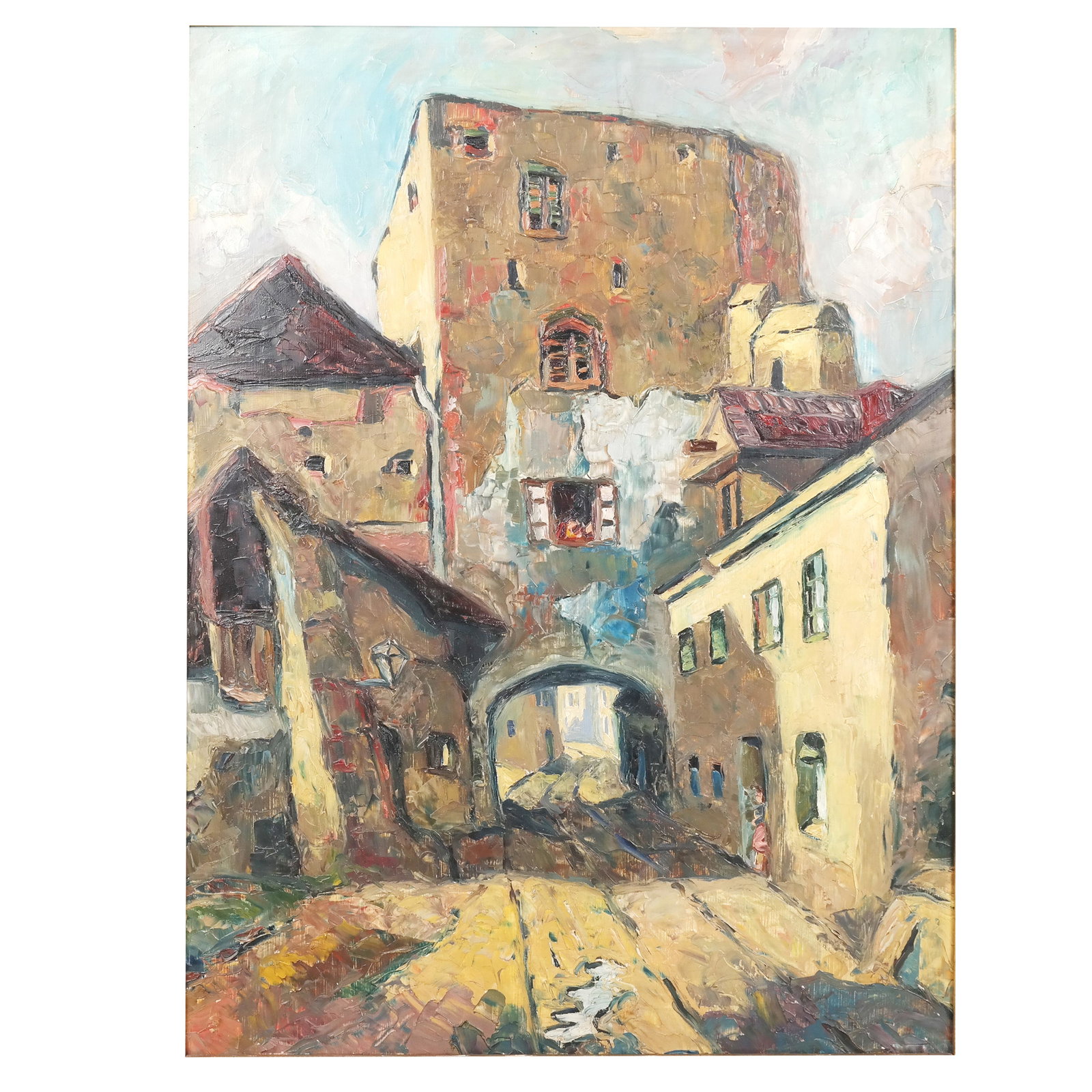 Impressionist Village Courtyard - Oil on Board: European School impressionist oil on board painting of a village courtyard, signature not found. [Art: 26 1/2" H x 20" W; Frame: 30 1/2" H x 24" W]. Numerous losses to frame.
