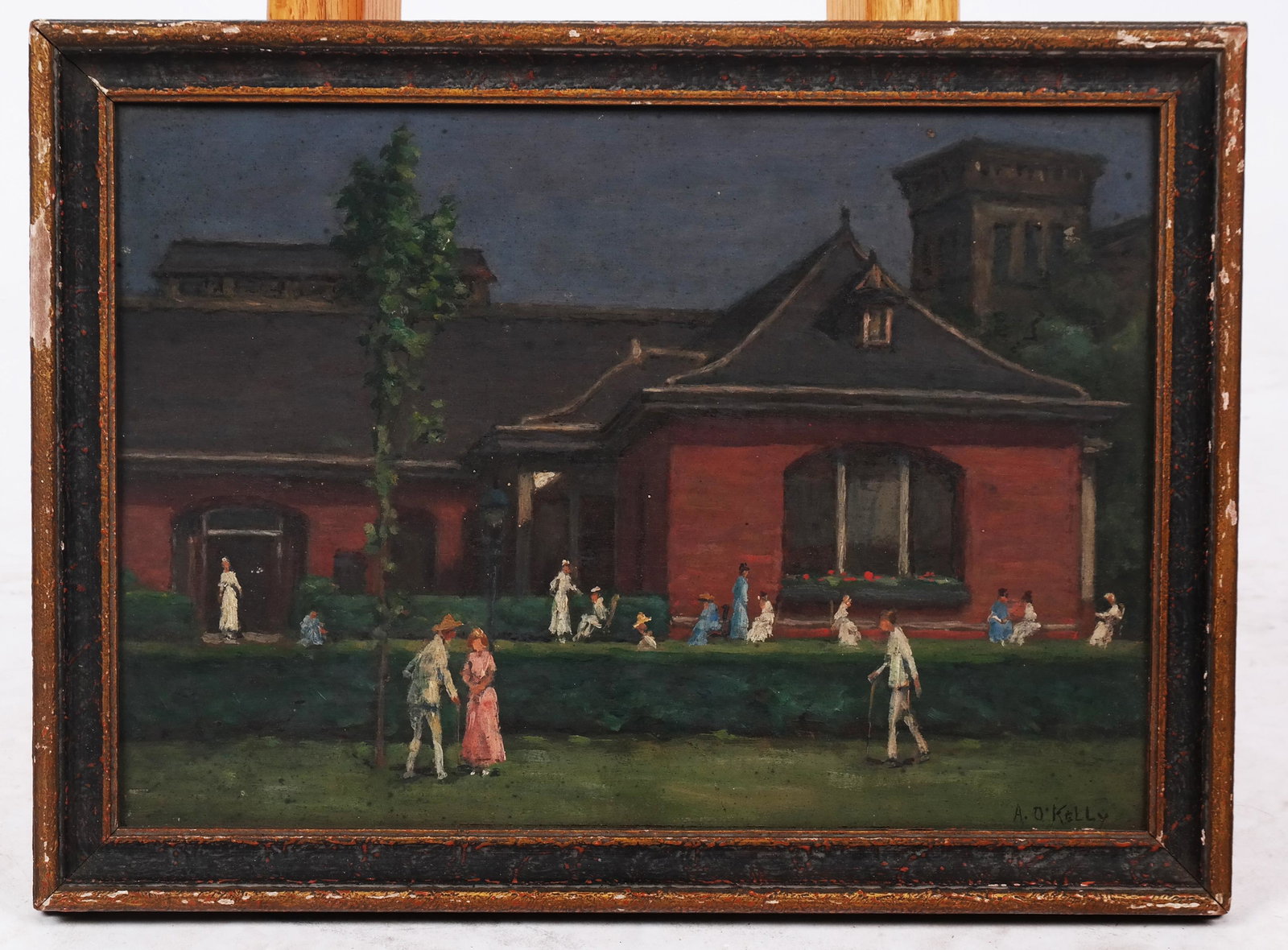 Aloysius O'KELLY: View of Welfare Island - O/W: Aloysius O'Kelly (Irish/American, 1853-1936) oil on wood painting of Welfare Island, later renamed Roosevelt Island, NYC. Signed lower right. [Art: 8 3/4" H x 12 1/2" W; Frame: 11" H x 14 1/2" W].