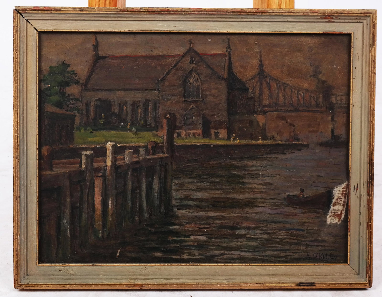 Aloysius O'KELLY: View of Welfare Island - O/W: Aloysius O'Kelly (Irish/American, 1853-1936) oil on wood painting of Welfare Island, later renamed Roosevelt Island, NYC. Signed lower right. [Art: 9 1/4" H x 12 1/2" W; Frame: 14 1/2" H x 11 1/2" W].