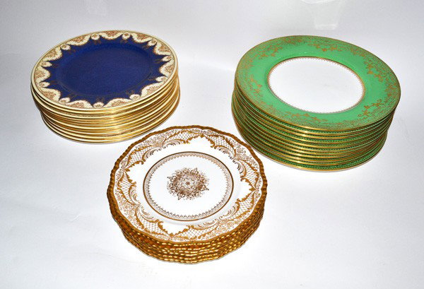 Staffordshire Minton Royal Doulton, 30 Pieces: Set of twelve blue and tan Staffordshire plates, twelve Minton green and gold plates, together with six gold embossed Royal Doulton plates. Overall, good condition. 30 plates total. 10.5" Dia (largest