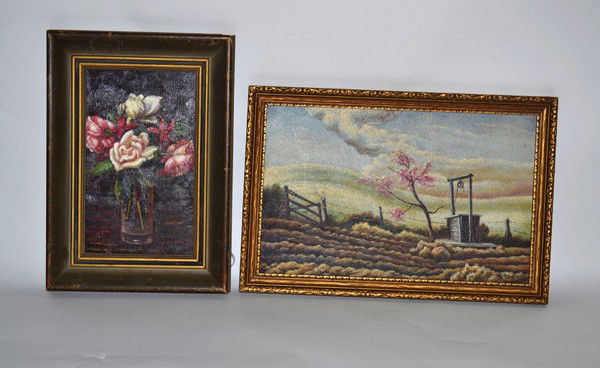 Two Framed Oil Paintings: Two framed oil paintings, comprises an oil on board still life of roses in a vase signed bottom right, "Sco. C. Levinbdin," together with an oil on masonite landscape of a tilled field with a well sig