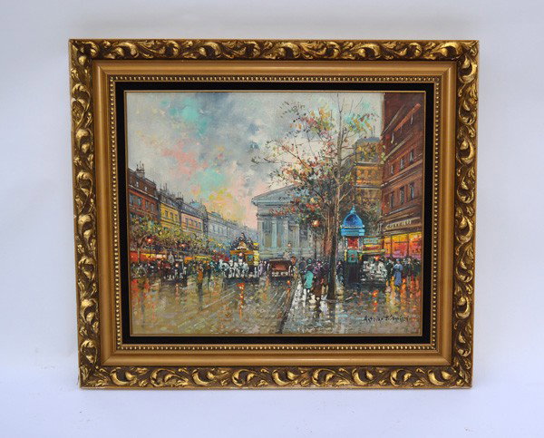 Antoine Blanchard (1910-1988) "Paris Opera House": Oil on canvas titled, "Paris Opera House." Depicts a turn of the century street scene. Signed bottom right, "Antoine Blanchard." Bears a 1.25" puncture at lower left, otherwise in good condition. Art: