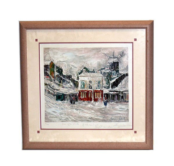 After Maurice Utrillo: Lithograph, Winter Scene: Lithograph after Maurice Utrillo (signed in-stone) depiction of a village winter scene. Bottom margin bears pencil inscription number "1/450," and illegible signature (at right). Art: 16" x 14", Frame