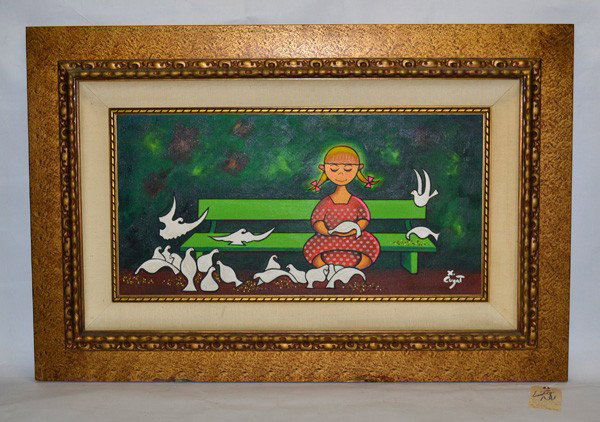 Xavier Cugat Oil on Canvas : A framed painting of a girl seated on a green park bench, surrounded with doves, signed lower right X. Cugat, Spanish. Art: 30" L x 15" H, Overall: 44" L x 29" H.
