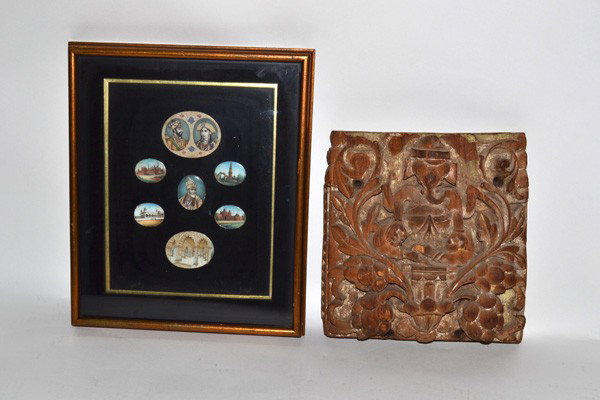 Seven Antique Indian Miniatures and Carvings : Group of seven antique Indian miniatures, all mounted together and contained under glass in a shadow box frame. Largest piece: 2.5" W, in frame 10" x 12". Accompanied by an Indian carved wood panel de