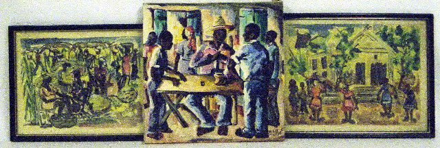 Wilner Pierre, Three Village Scenes : A Wilner Pierre oil on canvas of island men playing cards, 14" x 14"; together with a watercolor of village women at work signed lower right Wilner Pierre, 21/5/70. 10.5" x 14"; and an abstract waterc