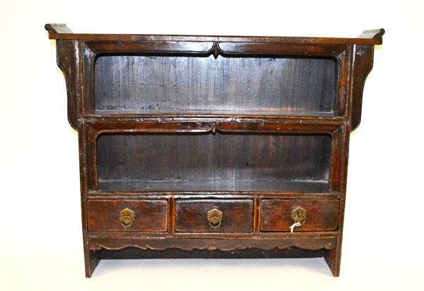 Chinese Hanging Shelf: Open hanging shelf, perfect for showing off small collectibles. Made from an elm that has been stained to bring out the warm brown and black tones that are naturally found in the wood. 32" W x 6" D x