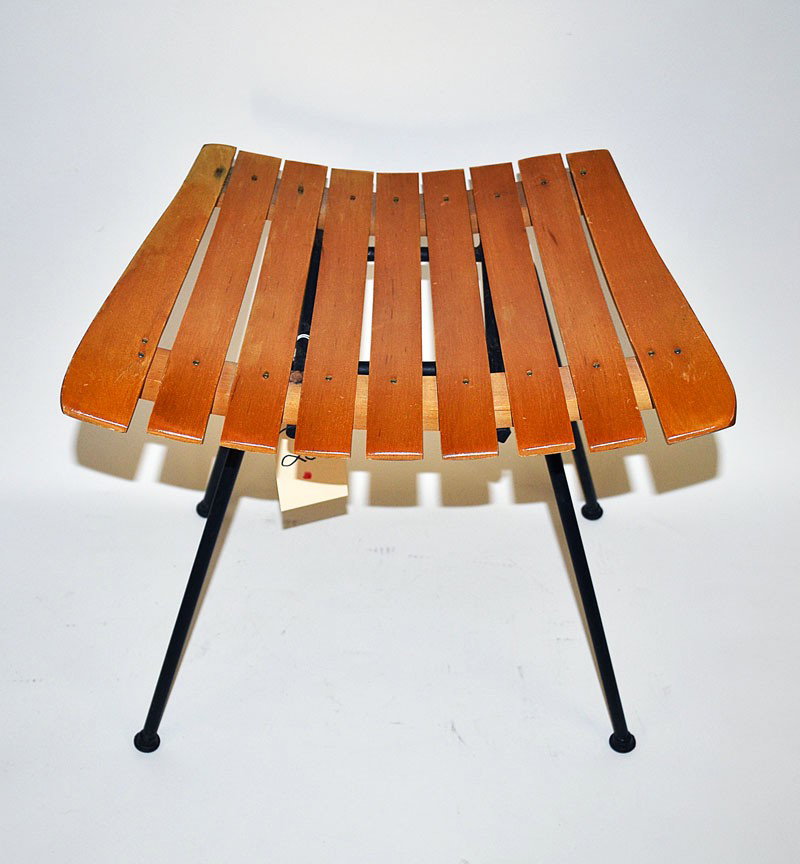 Arthur Urmanoff, Modern Stool: Arthur Urmanoff modern stool with wood slat seat and blackened steel supports on splayed straight legs. In very good condition. 17.75" W x 14.25"D x 18.5" H.