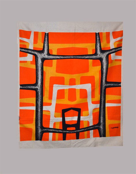 Angelo Testa Modern Textile: Angelo Testa silk screen on linen. Abstract textile design with yellow, black and orange circa 1970. In very good condition with minor fold creases. Art: 54" H x 52" W. Linen: 66" H x 55" W.