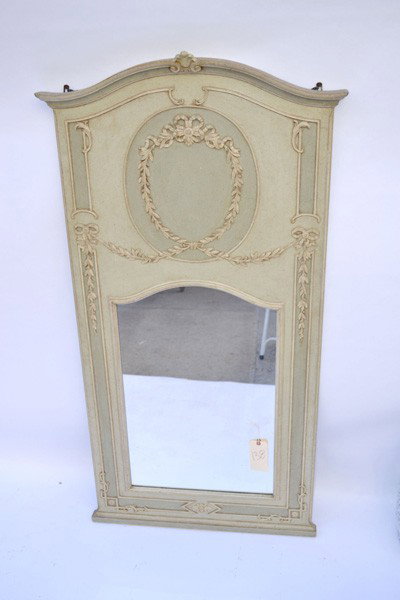 "Antiqued" Green Trumeau Mirror : "Antiqued" green trumeau mirror with oak leaf swags. 32.5" 62" H.